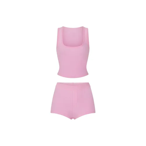 SKIMS FW24 Fake Day Collection LOGO POINTELLE SLEEP SET Pajama Set Women's BUBBLE GUM/Bubble Gum Color