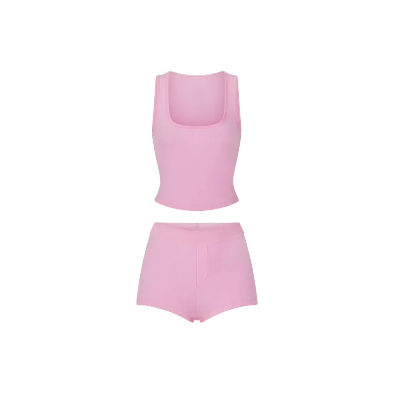 SKIMS FW24 Fake Day Collection LOGO POINTELLE SLEEP SET Pajama Set Women's BUBBLE GUM/Bubble Gum Color-0