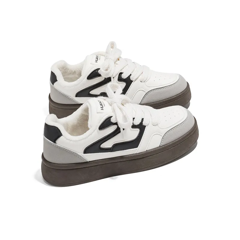 HUANQIU Warm Wear Resistant Lightweight Low Top Skateboard Shoes Women's Beige Black-2