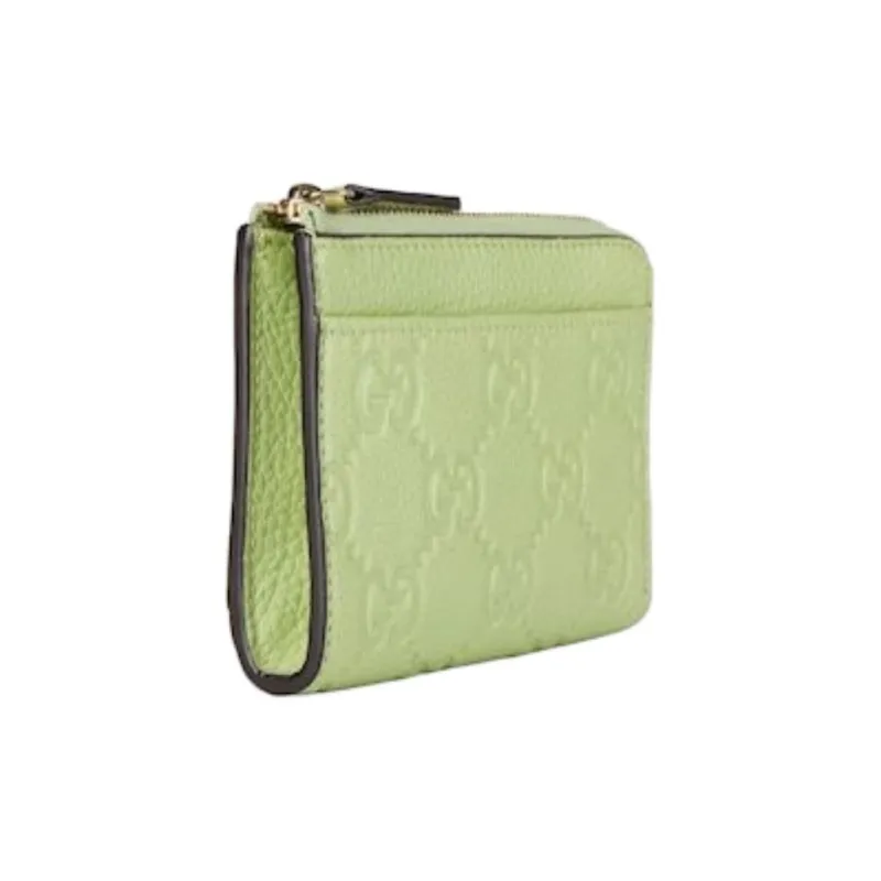 GUCCI Litchi Grain Leather Card Holder Women's Light Green-1