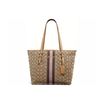 COACH Zip Top Tote Jacquard Fabric With Leather Tote Bag Crossbody Bag Shoulder Bag Women's Khaki