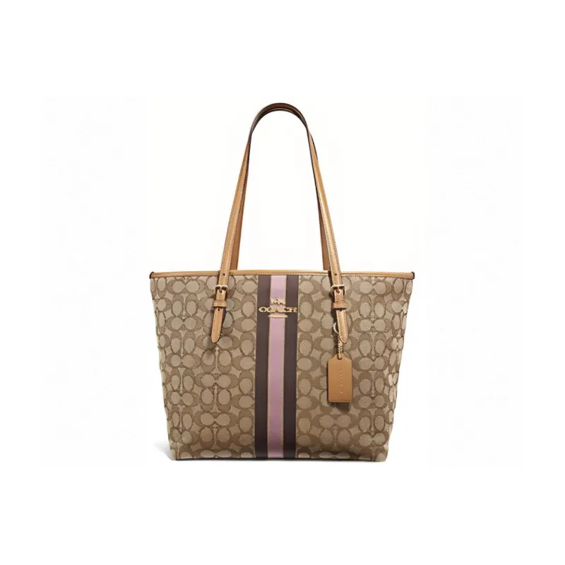 COACH Zip Top Tote Jacquard Fabric With Leather Tote Bag Crossbody Bag Shoulder Bag Women's Khaki-0