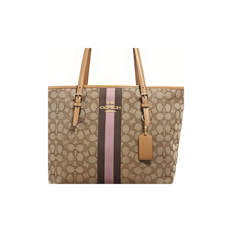 COACH Zip Top Tote Jacquard Fabric With Leather Tote Bag Crossbody Bag Shoulder Bag Women's Khaki-1
