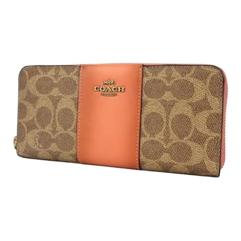 COACH Accordion Zip Wallet Coated Canvas With Leather Wallet Clutch Wallet Women's Khaki Brown & Orange-1