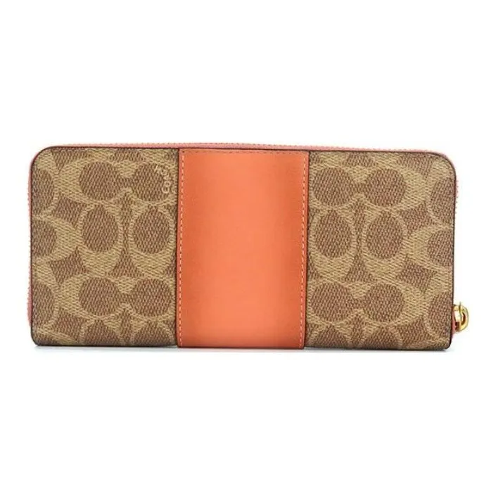 COACH Accordion Zip Wallet Coated Canvas With Leather Wallet Clutch Wallet Women's Khaki Brown & Orange-2