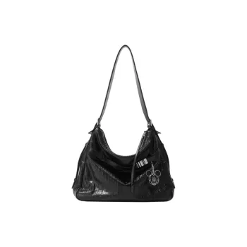 FION Disney Collaboration Cow Leather One Shoulder Handbags Medium Size Women's Black