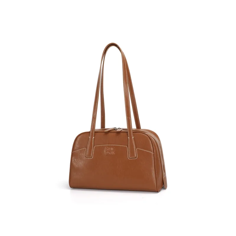 SHEPOK Vegetable Tanned Cow Leather Bowling Bag Shoulder Bag Women's Caramel/Black-1