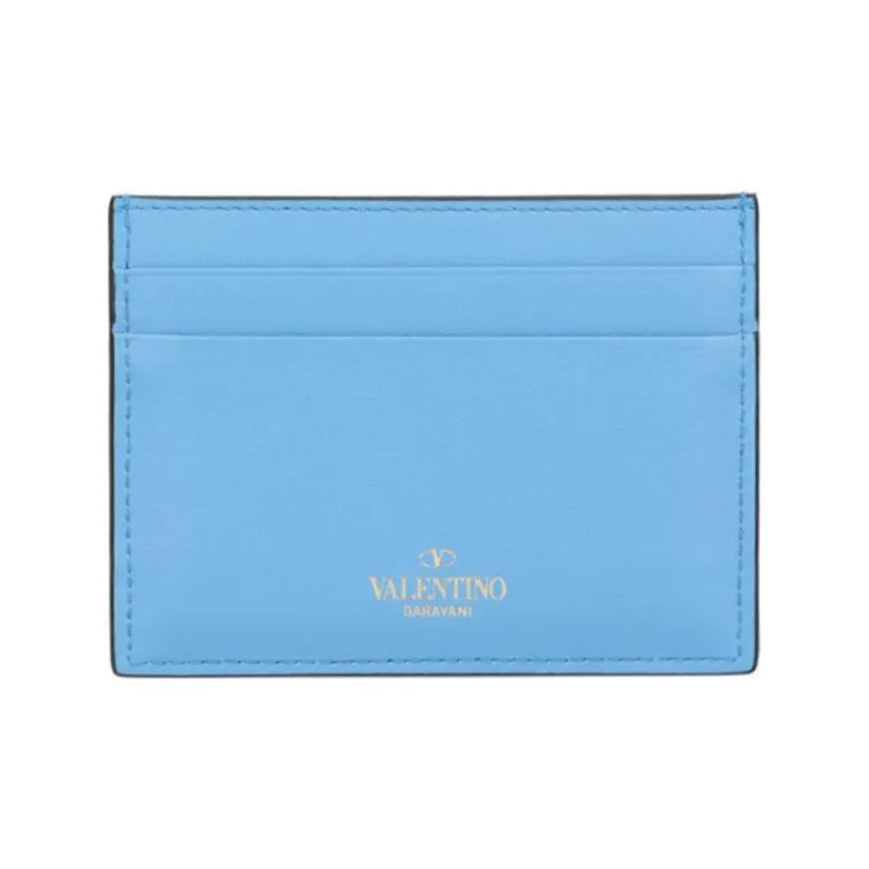 Valentino Rockstud Calfskin Card Holder Regular Women's Blue-2