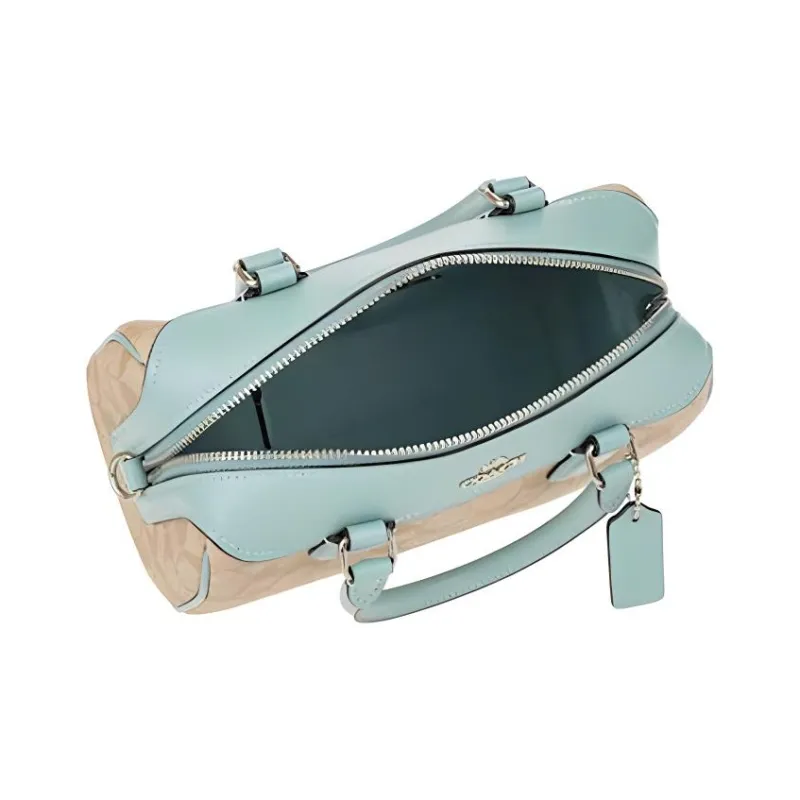 COACH Leather Boston Bag Portable Crossbody Bag Shoulder Bag Small Size Women's Mint Green Khaki Monogram-4