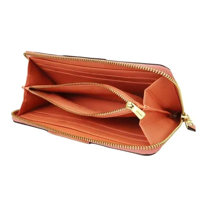 COACH Accordion Zip Wallet Coated Canvas With Leather Wallet Clutch Wallet Women's Khaki Brown & Orange-5