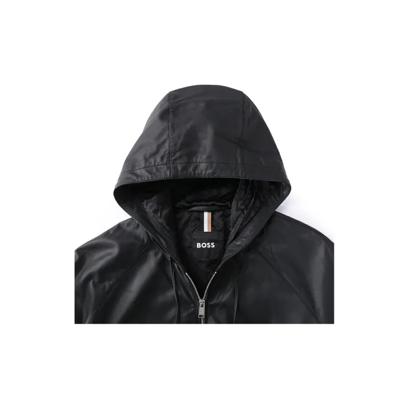 HUGO BOSS Hooded Drawstring Leather Jacket-6