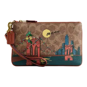 COACH Coated Canvas Clutch Small Size Women's Tan With Caramel Accents