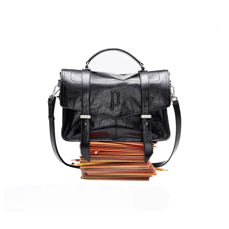 PECO Cow Leather Messenger Bag, Crossbody, One Shoulder Handbag Medium Size Women's Black-5