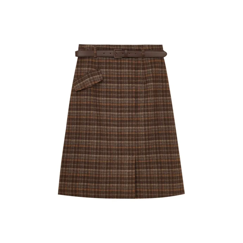 SHUIYUNJIAN Casual Long Skirts Women's Coffee Plaid-1