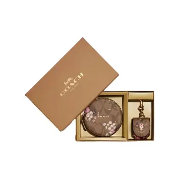 COACH Boxed Canvas With Leather Coin Purse Small Size Women's Brown