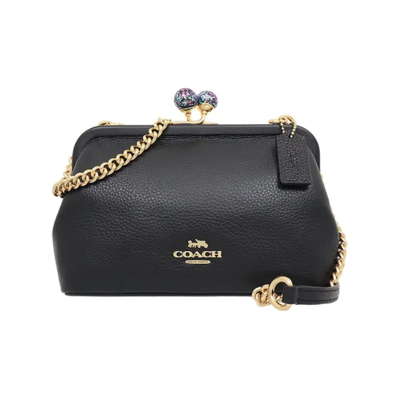 COACH Kisslock Cow Leather Chain Bag Shoulder Bag Crossbody Bag Women's Black-1