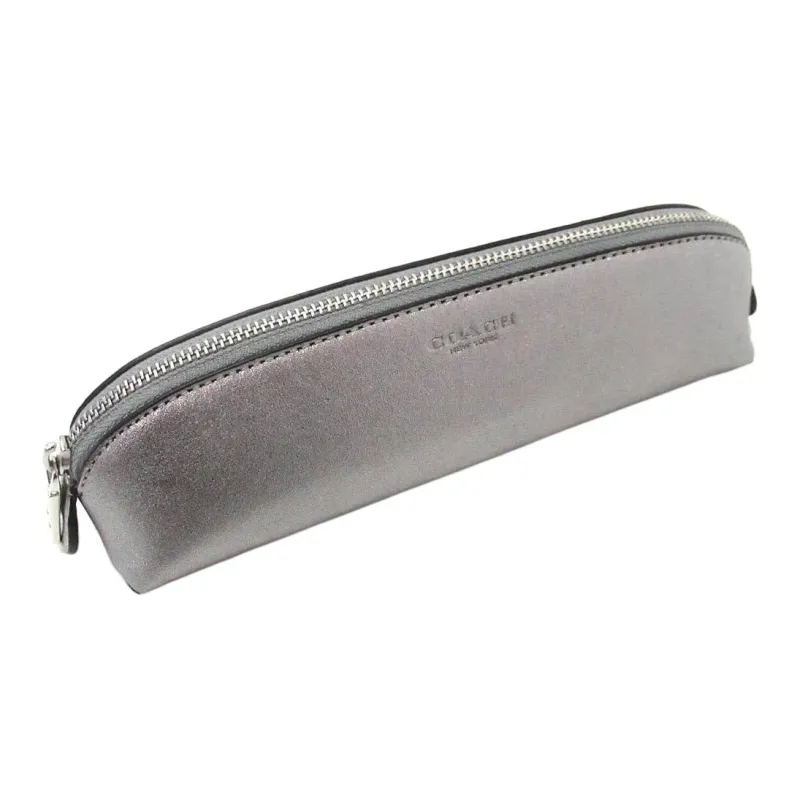 COACH Pencil Case Metal Smooth Leather Pencil Case Storage Bag Small Size Unisex Silver Gray-2
