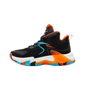 PEAK Anti Slip Wear Resistant High Top Children's Basketball Shoes Black Orange Teenagers