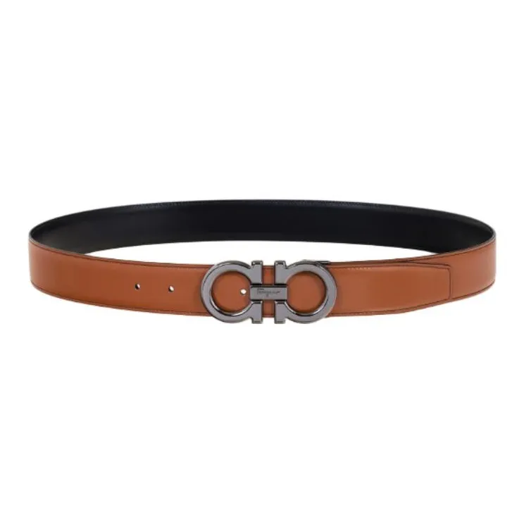 FERRAGAMO Calfskin Leather Belts Men's Brown Width 3.3CM-0