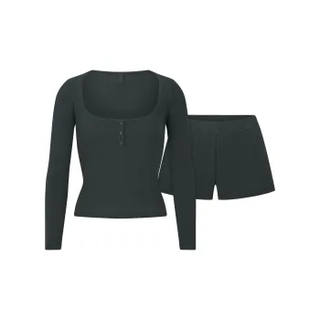 SKIMS FW24 Fake Day Collection WAFFLE LONG SLEEVE HENLEY And SHORT SET Pajama Set Women's SPRUCE/Cloud Pine Color