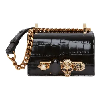 Alexander McQueen JEWELLED SATCHEL Crocodile Embossed Calfskin Shoulder Bag Crossbody Bag Women's Black