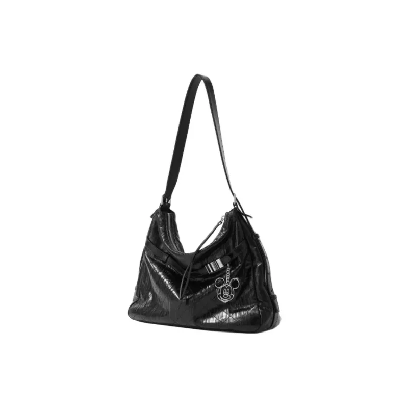 FION Disney Collaboration Cow Leather One Shoulder Handbags Medium Size Women's Black-3