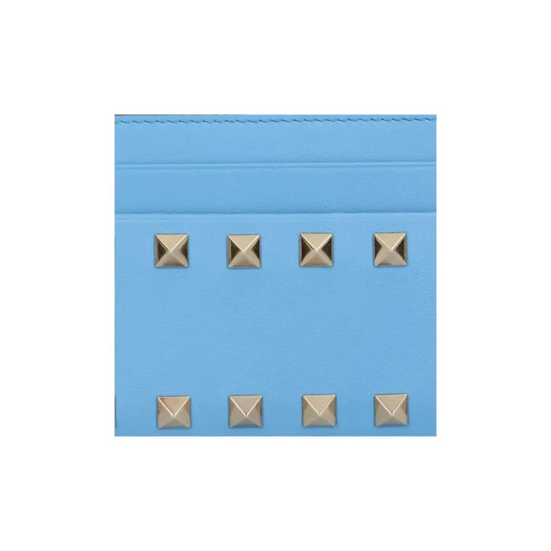 Valentino Rockstud Calfskin Card Holder Regular Women's Blue-3