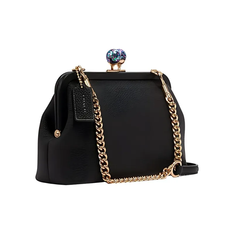COACH Kisslock Cow Leather Chain Bag Shoulder Bag Crossbody Bag Women's Black-2