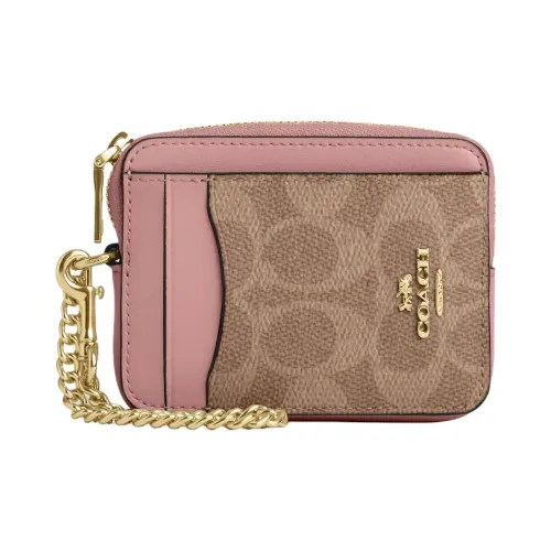 COACH Card Case Coated Canvas Card Holder Mini Women's Tan & Pink