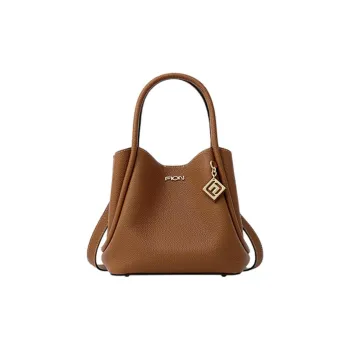 FION Cow Leather Bucket Bags Shoulder Bag Crossbody Bag Handbag Medium Size Women's Caramel Brown