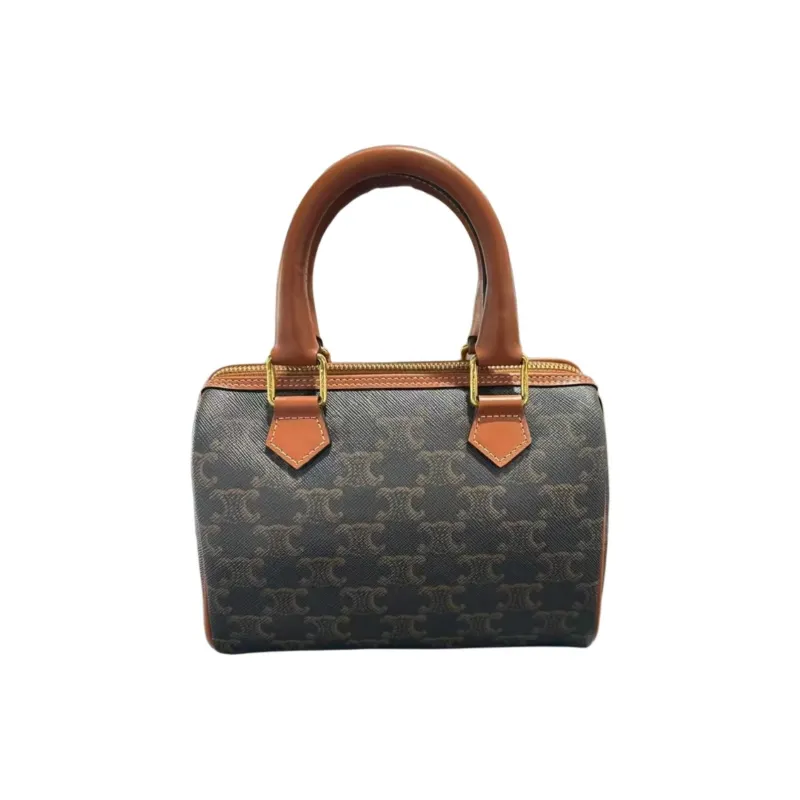 CELINE Triomphe Canvas Calfskin Boston Bag Shoulder Bag Crossbody Bag Handbag Women's Tan-3