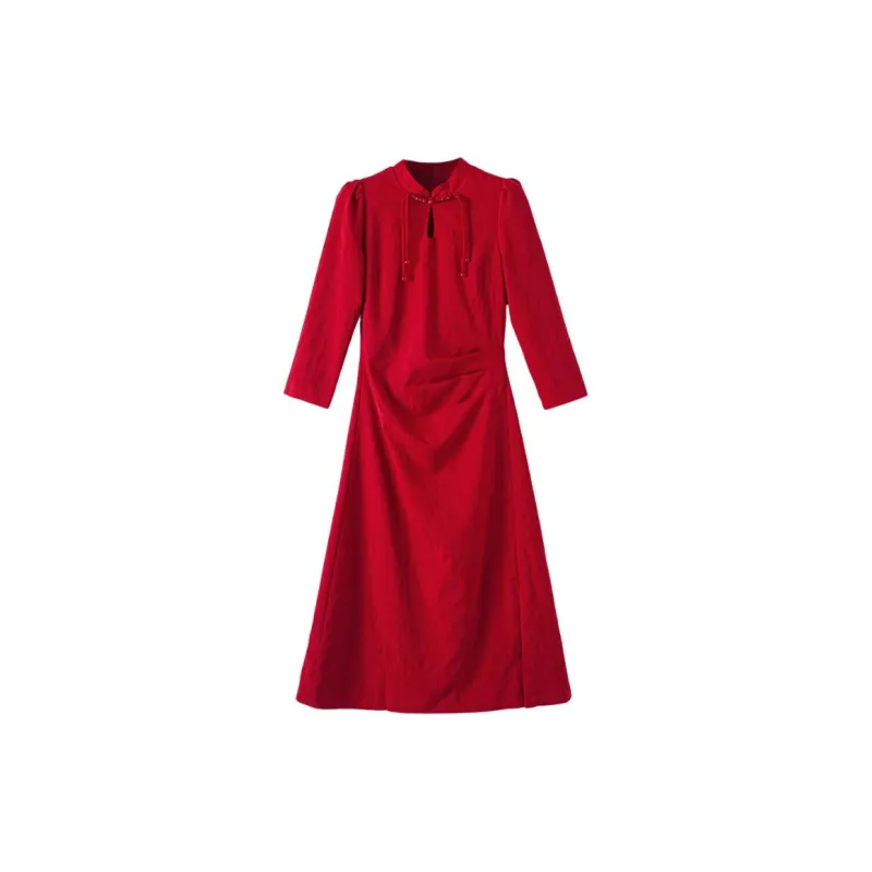 Late White Long Sleeved Dresses Women's Red-0