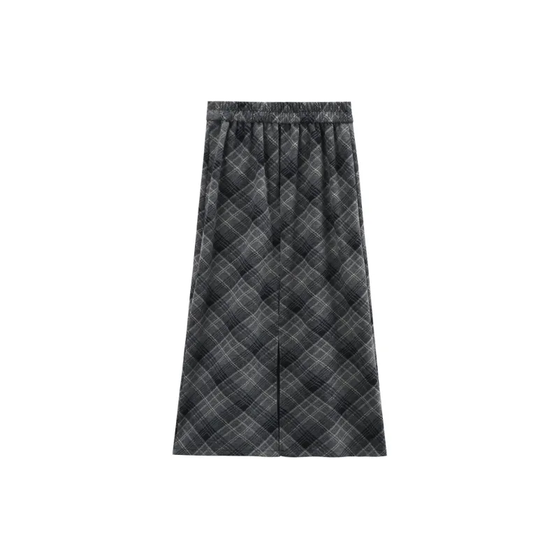 A Paradise For Awakening Casual Long Skirts Women's Gray Plaid-1