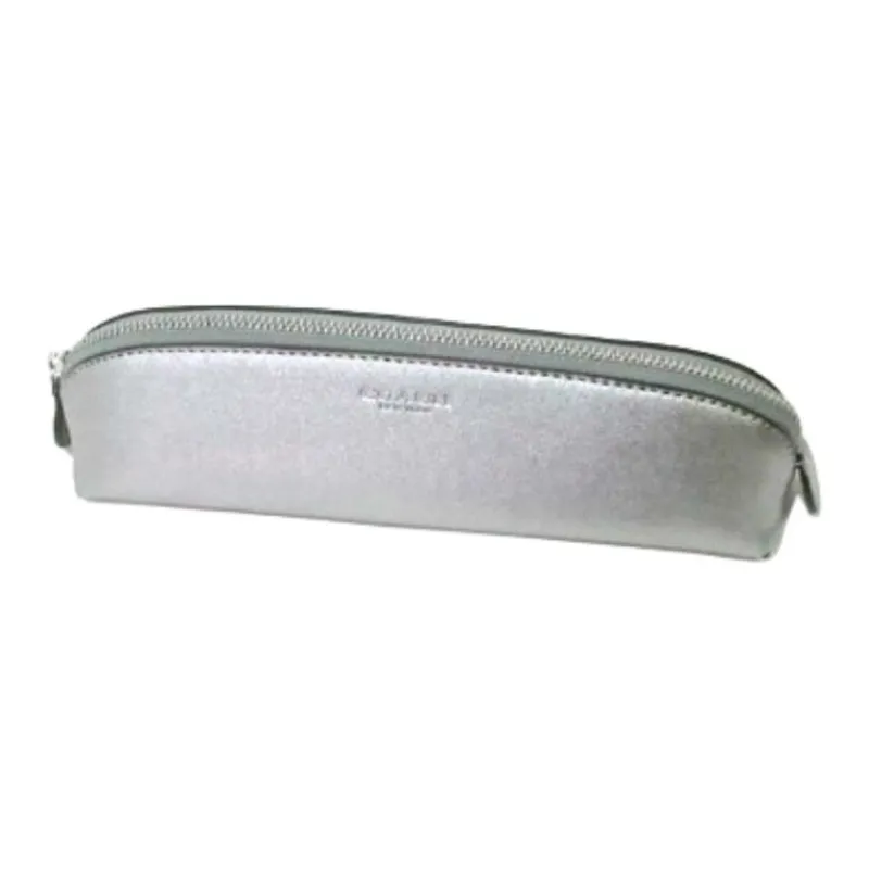 COACH Pencil Case Metal Smooth Leather Pencil Case Storage Bag Small Size Unisex Silver Gray-1
