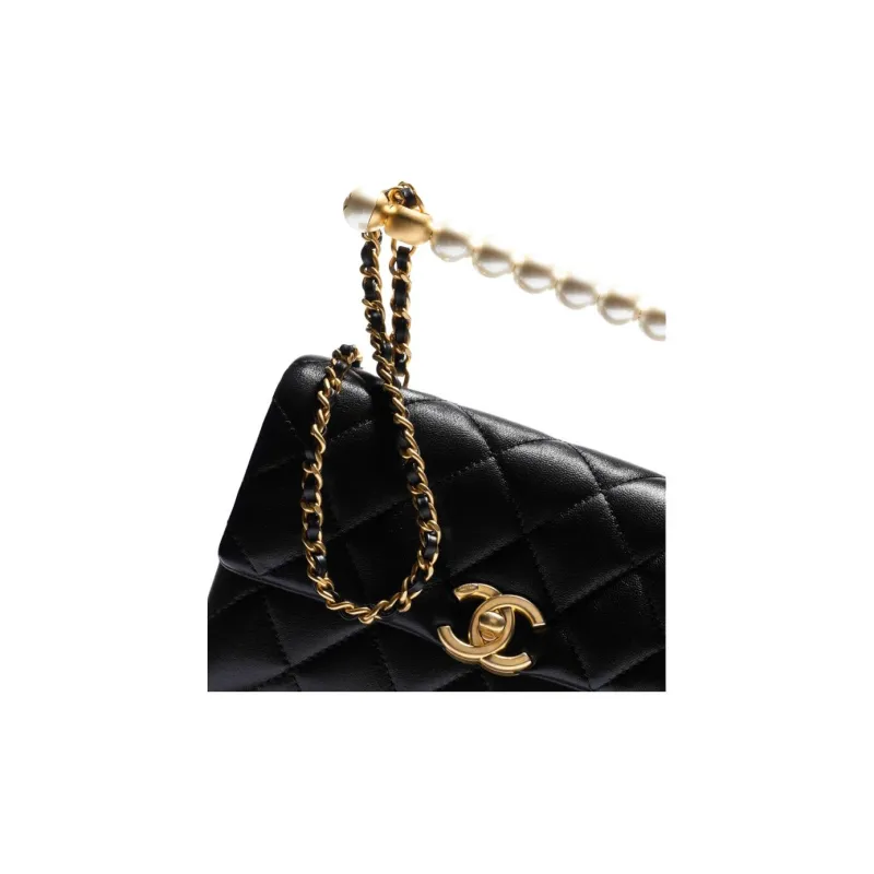 CHANEL Artificial Pearl Shiny Lambskin Flap Bag, Portable Crossbody Bag, Shoulder Bag Mini Women's Black-3