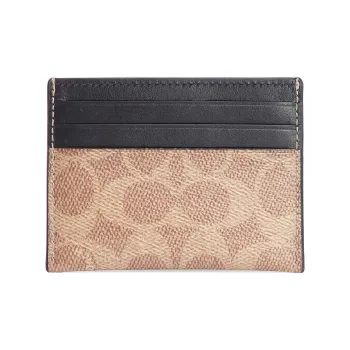 COACH Card Case Coated Canvas With Calfskin Leather Storage Bag Money Clip Card Holder Card Wallet Men's Khaki