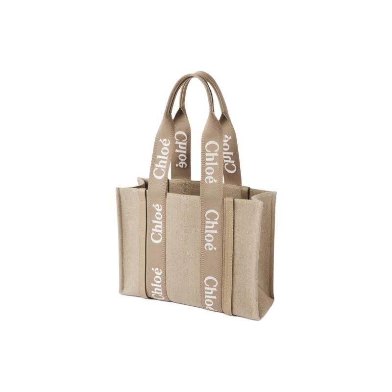 Chloe Woody Linen Canvas With Calfskin Tote Bag Shopping Bag Shoulder Bag Handbag Regular Women's Brown-1