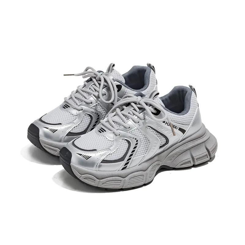 HUANQIU Abrasion Resistant Slip Resistant Cushioning Low Top Chunky Sneakers Women's Silver-1