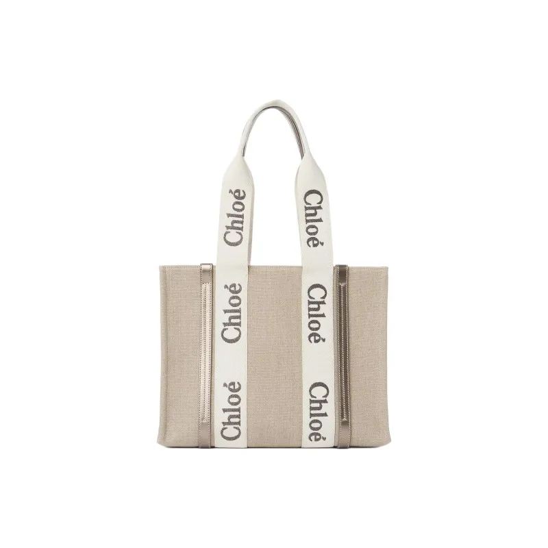 Chloe Woody Linen Canvas With Leather Tote Bag Shopping Bag Handbag Regular Women's Bright Gray-2