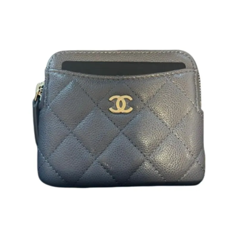 CHANEL Grain Cow Leather Wallet Women's Gray-0