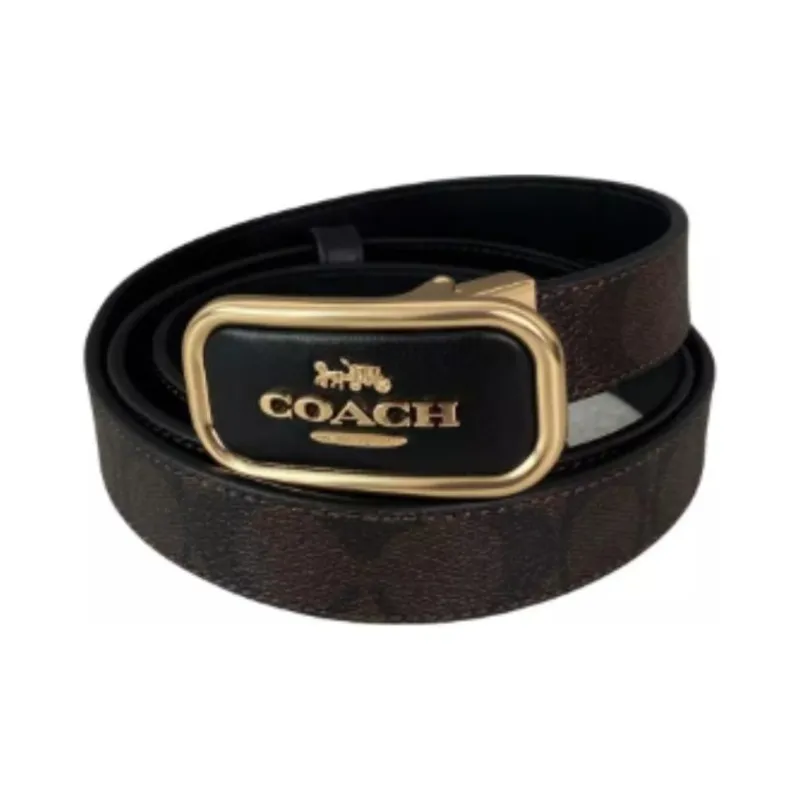 COACH Calfskin Coated Canvas Leather Belts Unisex Gold/Brown Black Width 2.5CM-1
