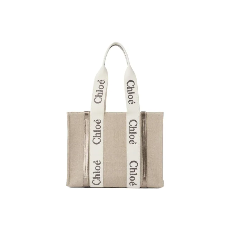 Chloe Woody Linen Canvas With Leather Tote Bag Shopping Bag Handbag Regular Women's Bright Gray-0