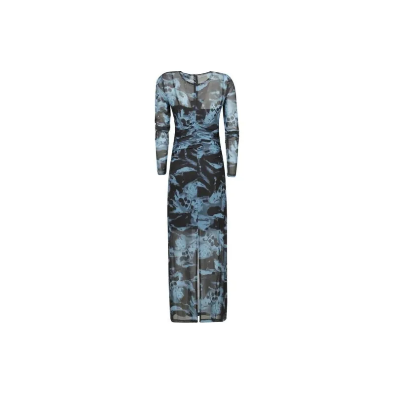 GANNI Printed Mesh O Neck Ruched Long Dress-1