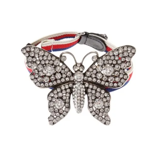 GUCCI Crystal Alloy Metal Webbing Bangles Women's Silver