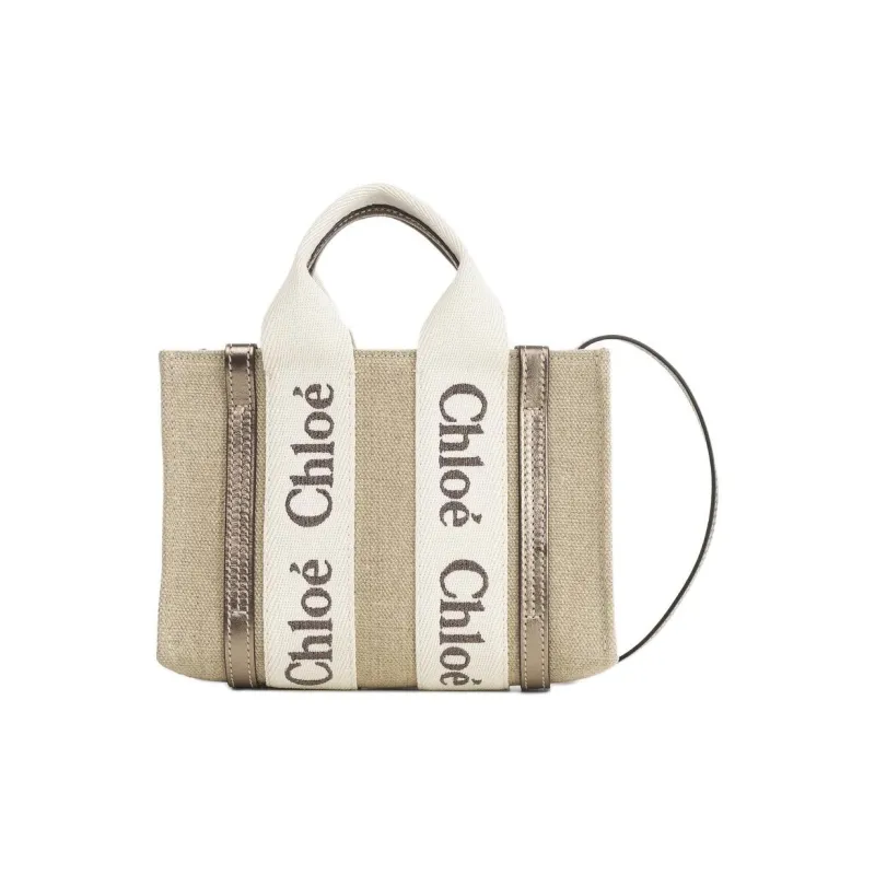 Chloe Woody Linen Tote Bag Shopping Bag Shoulder Bag Crossbody Bag Handbag Mini Women's Bright Gray-0