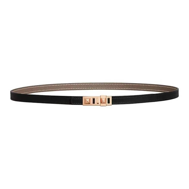 HERMES Calfskin Leather Belts Women's Black/Taupe Width 1.3CM-0