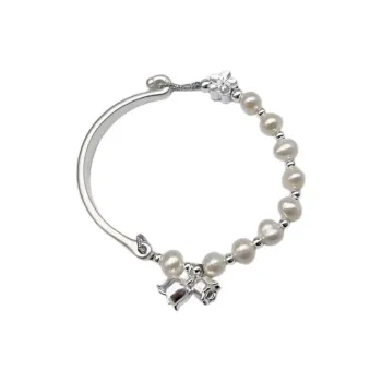 Kim Heng Hee S999 Fine Silver With Freshwater Pearl New Chinese Style Peaceful Bangle Women's