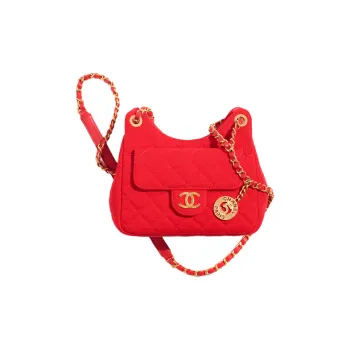 CHANEL Wool Jersey Knitted Fabric With Gold Metal Hobo Bag Shoulder Bag Crossbody Bag Small Size Women's Red