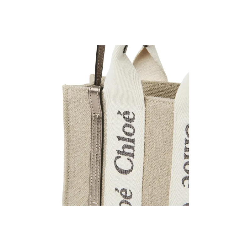 Chloe Woody Linen Tote Bag Shopping Bag Shoulder Bag Crossbody Bag Handbag Mini Women's Bright Gray-3