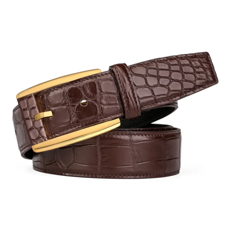 CATELLES Crocodile Leather Leather Belts Men's Silver Buckle Black/Gold Tone Lock Coffee 3.5cm-8